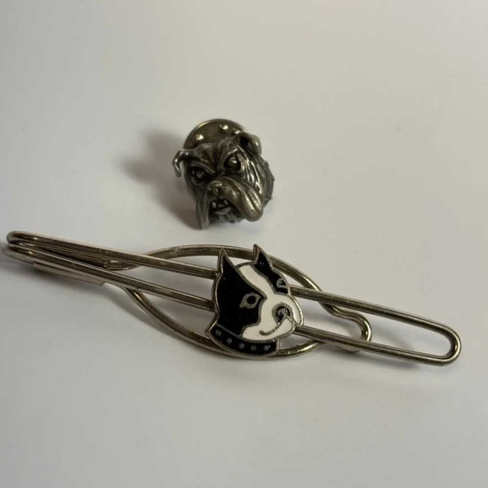Vintage Tie Bar Clip Enamel Pit Bull with Spiked Collar Bulldog Pin‎ Silver Tone